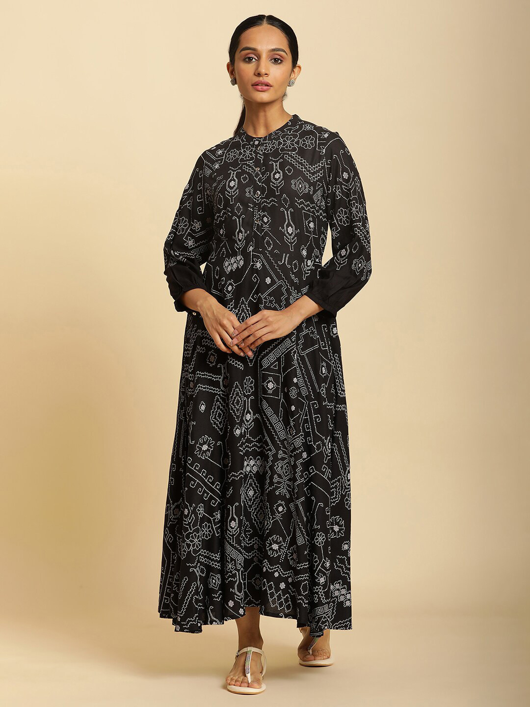 Buy W Ethnic Motifs Printed Mandarin Collar Puff Sleeves Maxi Dress ...