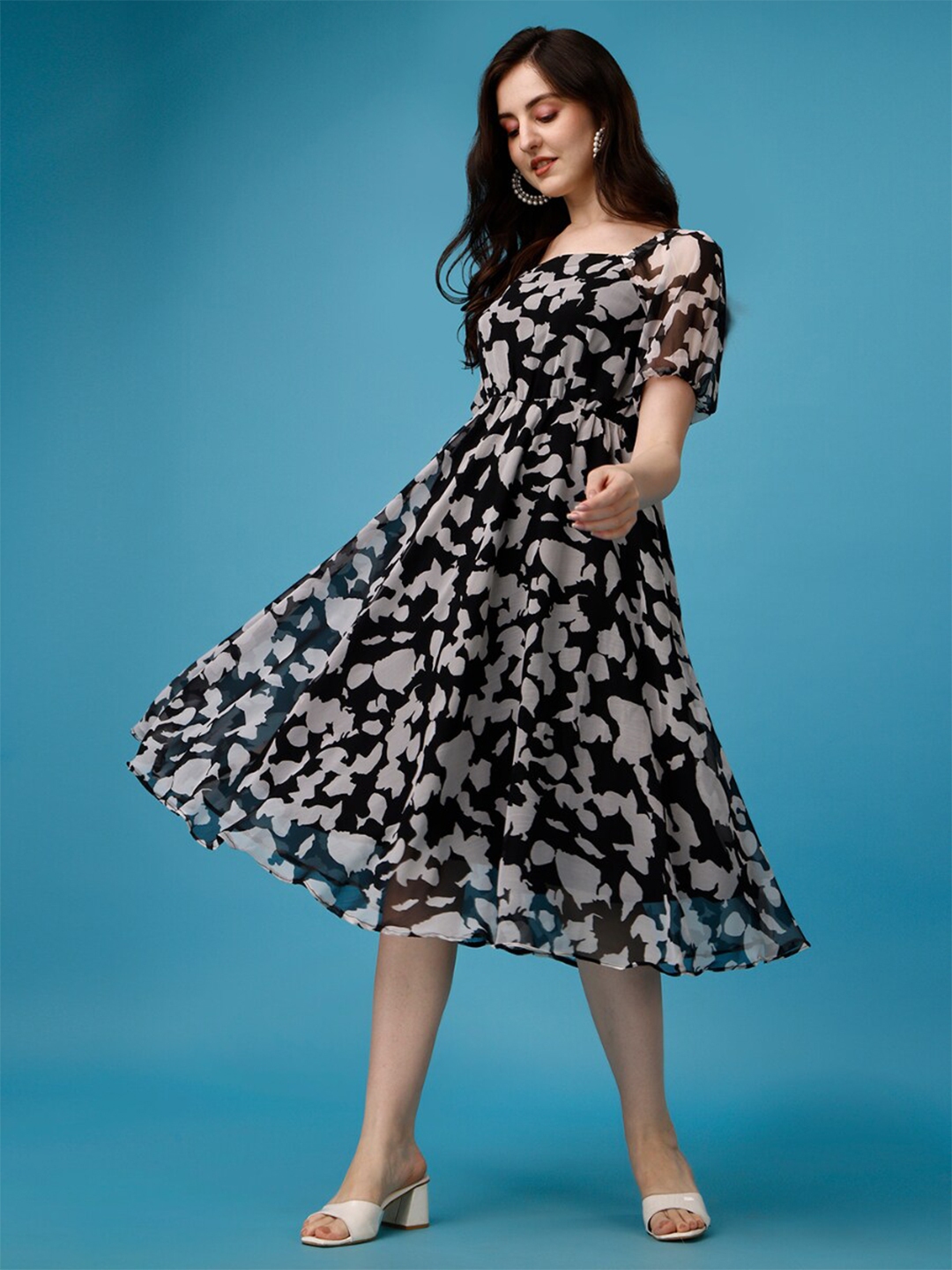 Buy KALINI Abstract Printed Flared Sleeves Georgette A Line Midi Dress ...