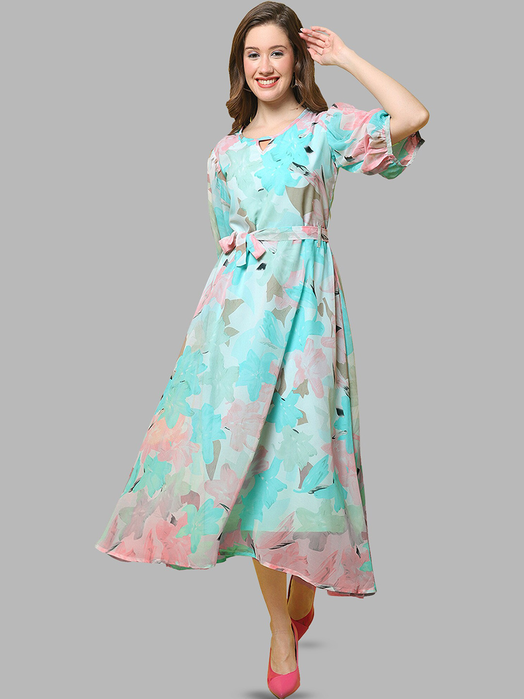 Floral Print Puff Sleeve Fit & Flare Dress