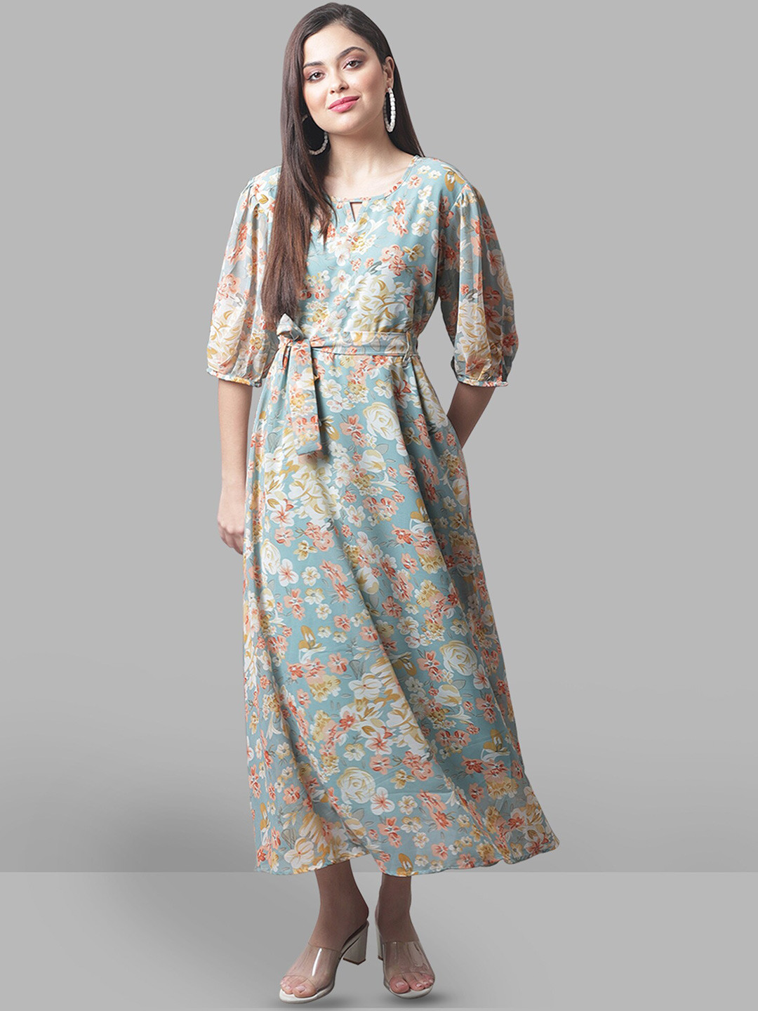 Women's Floral Print Puff Sleeve Fit & Flare Dress