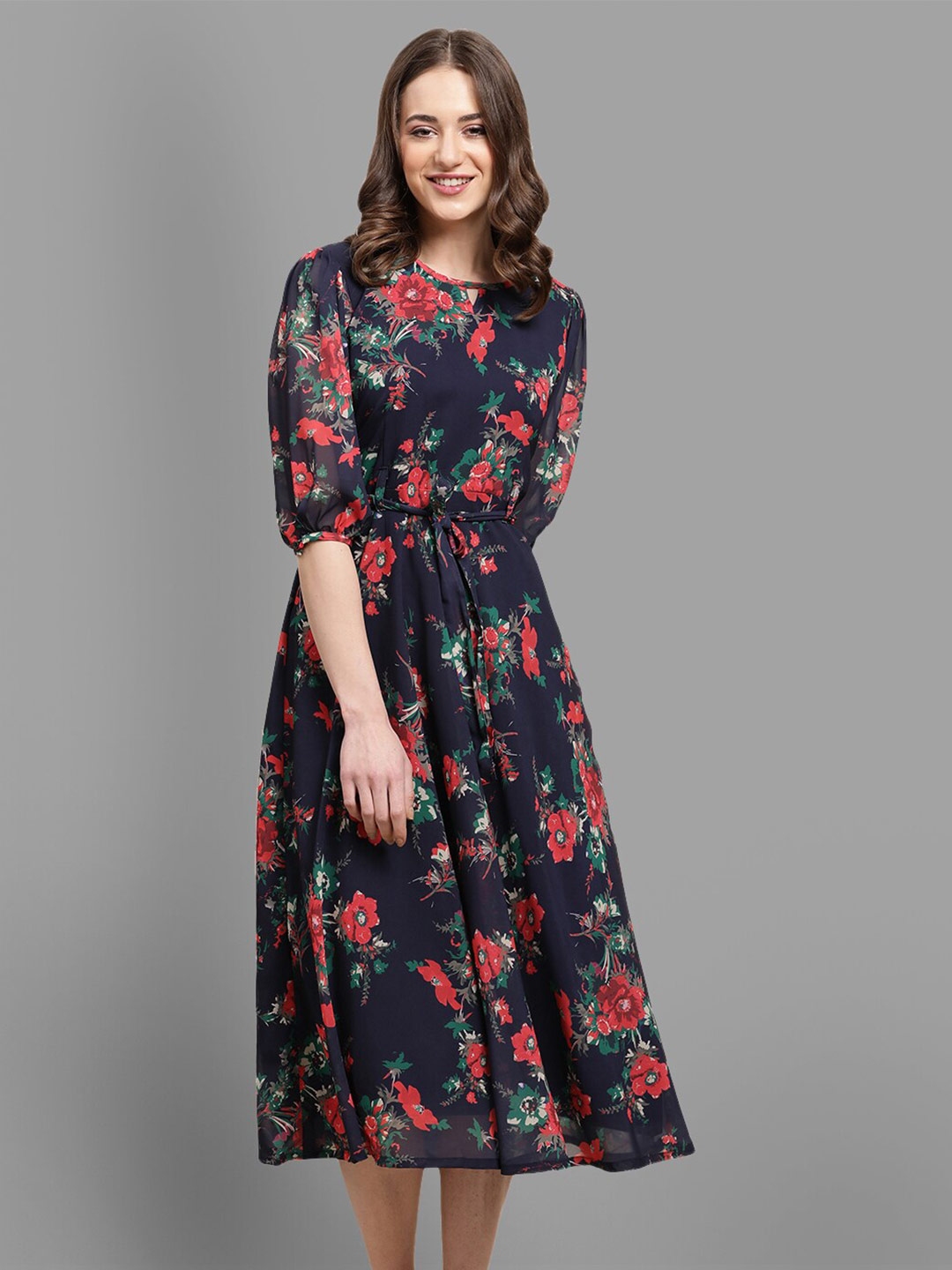 Buy BAESD Floral Printed Puff Sleeves Georgette Fit & Flare Midi Dress ...