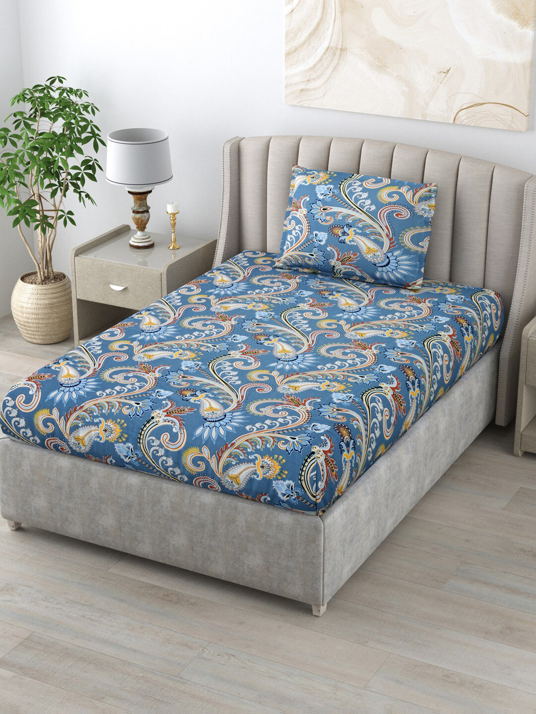 Buy Salona Bichona Blue & White Ethnic Motifs 144 TC Single Bedsheet