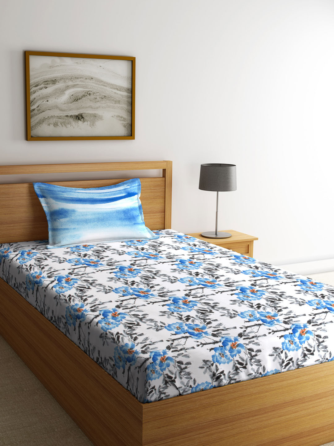 Buy MYTRIDENT White Blue Floral Flat 144 TC Cotton 1 Queen Bedsheet