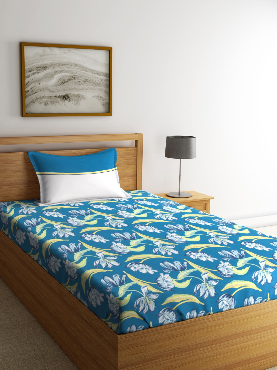 Buy Trident Blue & White Floral Flat 144 TC Cotton 1 Single Bedsheet