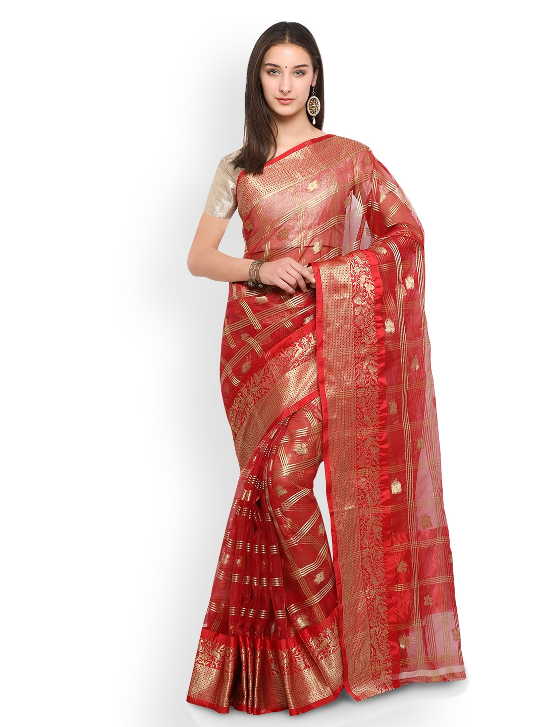 Buy Saree Mall Red & Gold Toned Organza Printed Chanderi Saree Sarees