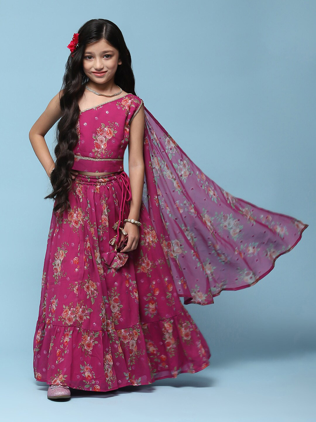 Girls Embellished Mirror Work Ready To Wear Lehenga Choli With Dupatta