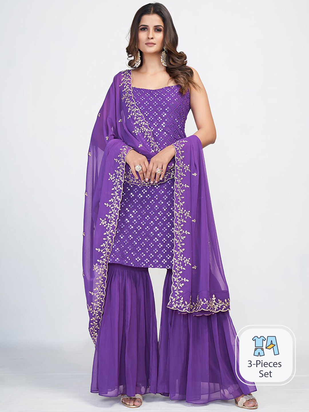 Ethnic Motifs Printed Thread Work Tie Up Kurta With Sharara & Dupatta