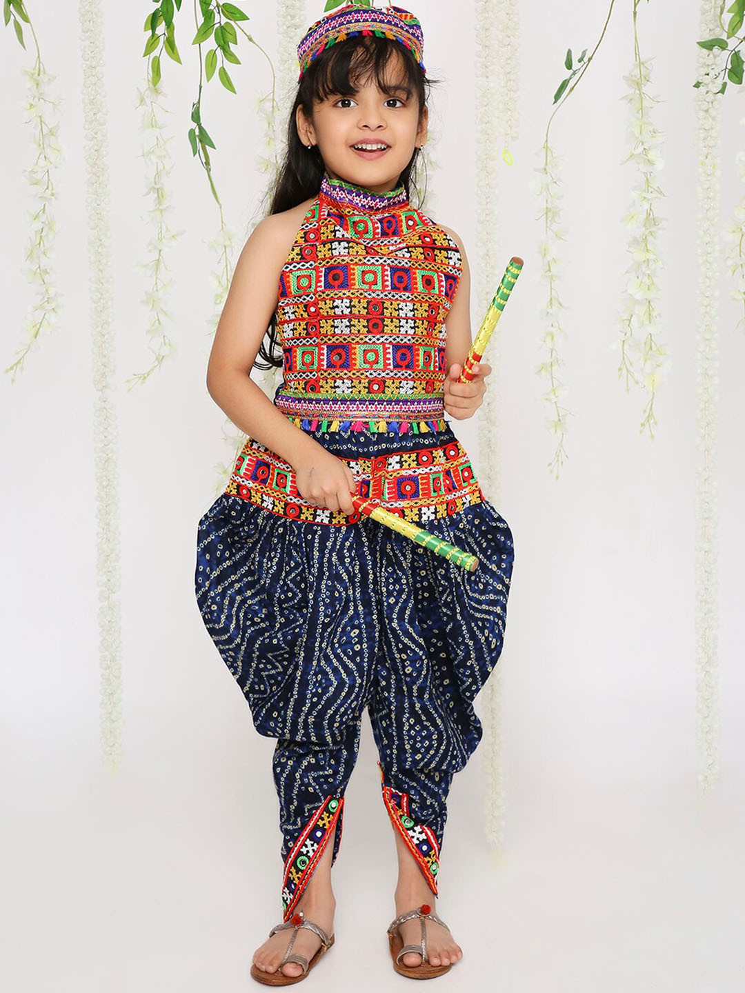 Girl Bandhani Dhoti Cowl Set - Yellow