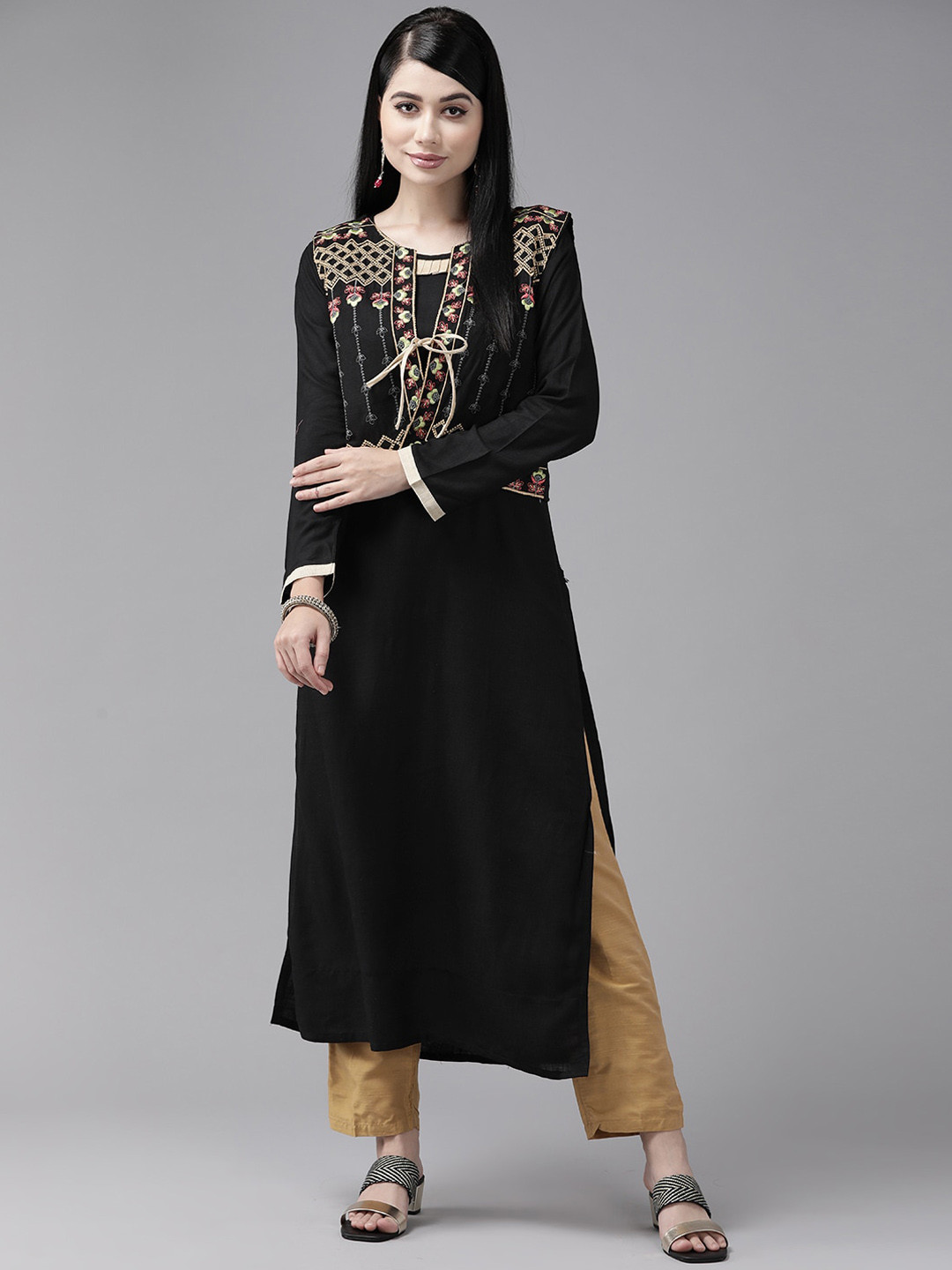 A-line cotton kurta  with embroidered neckline and blend of two different prints
