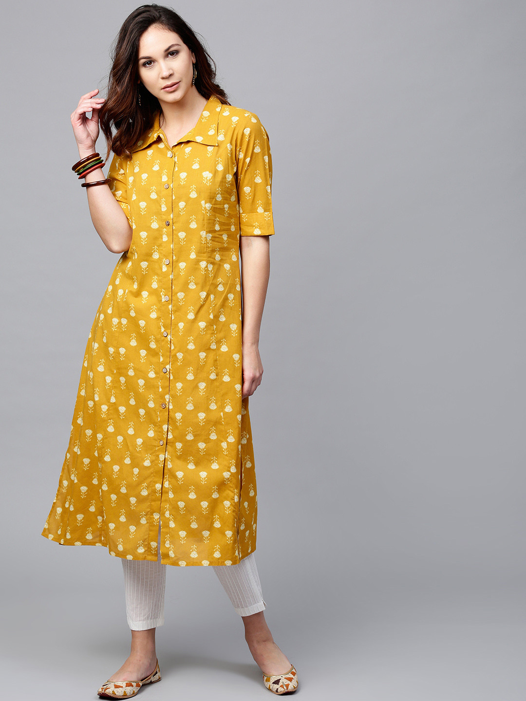 Women Mustard Printed A-Line Kurta Salwar Set