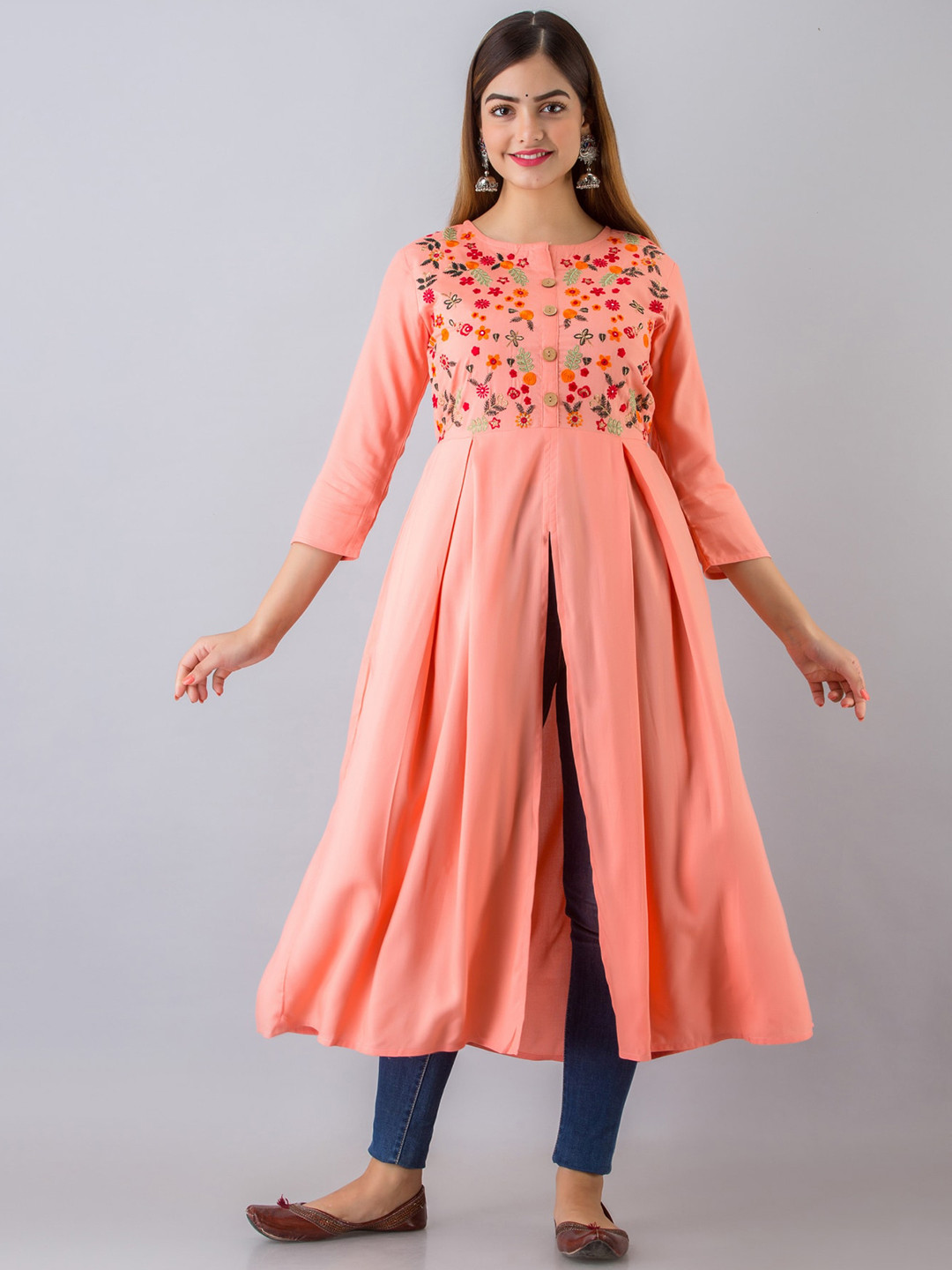 Floral Embroidered High Slit Thread Work Kurta with Trousers