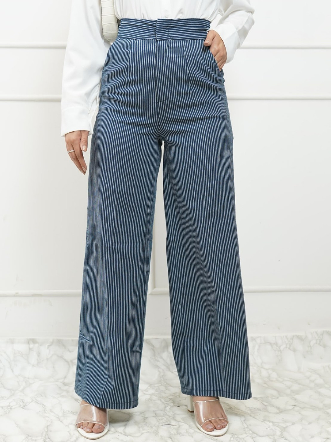 Buy StyleAsh Women Striped High Rise Formal Parallel Trousers Trousers for Women 24641050 Myntra