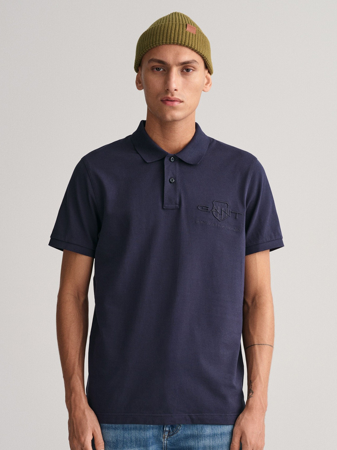 Gant Men Navy Blue Ottoman Cotton Polo T-Shirt