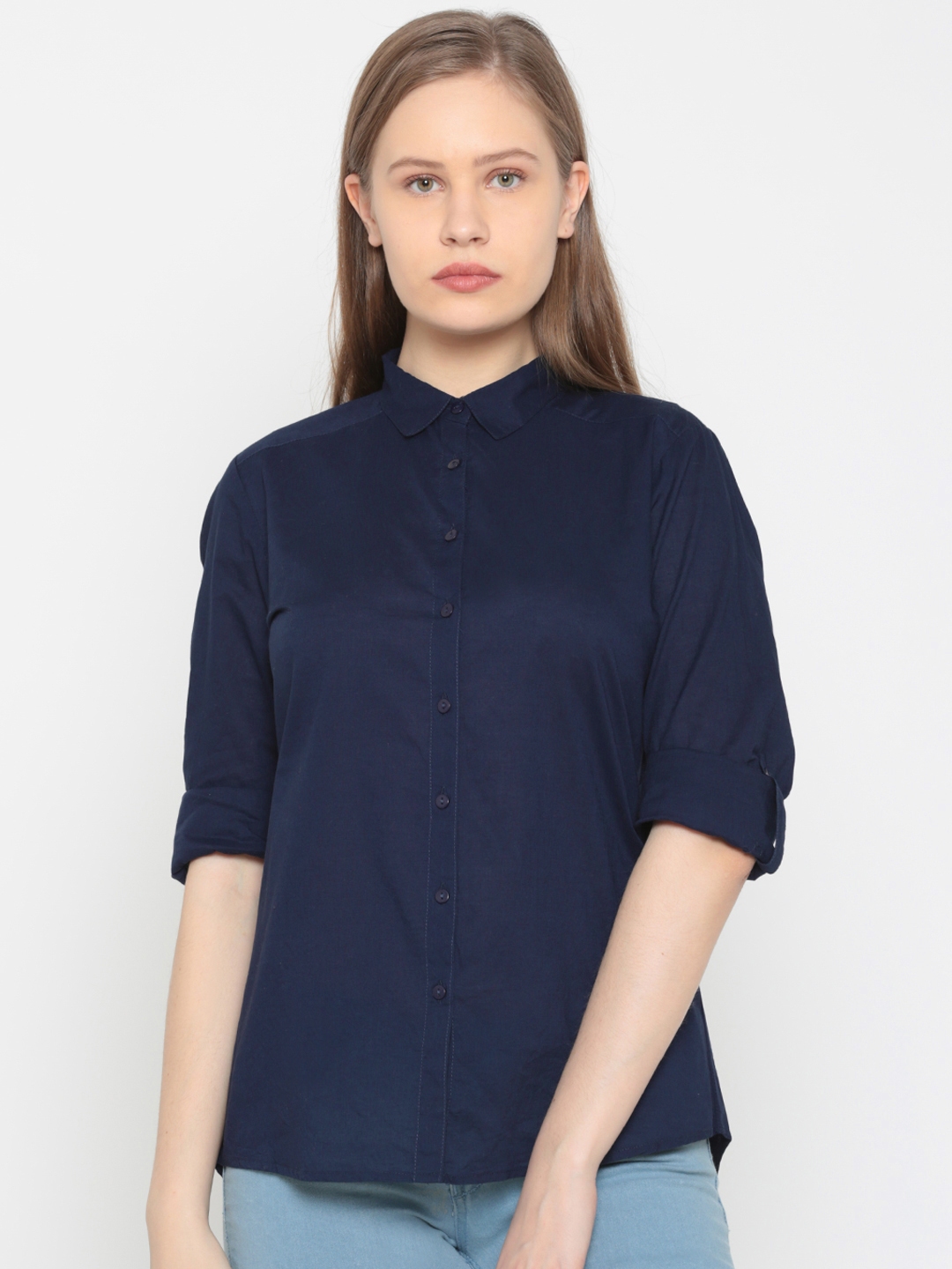 Buy People Women Navy Blue Regular Fit Solid Casual Shirt - Shirts for ...