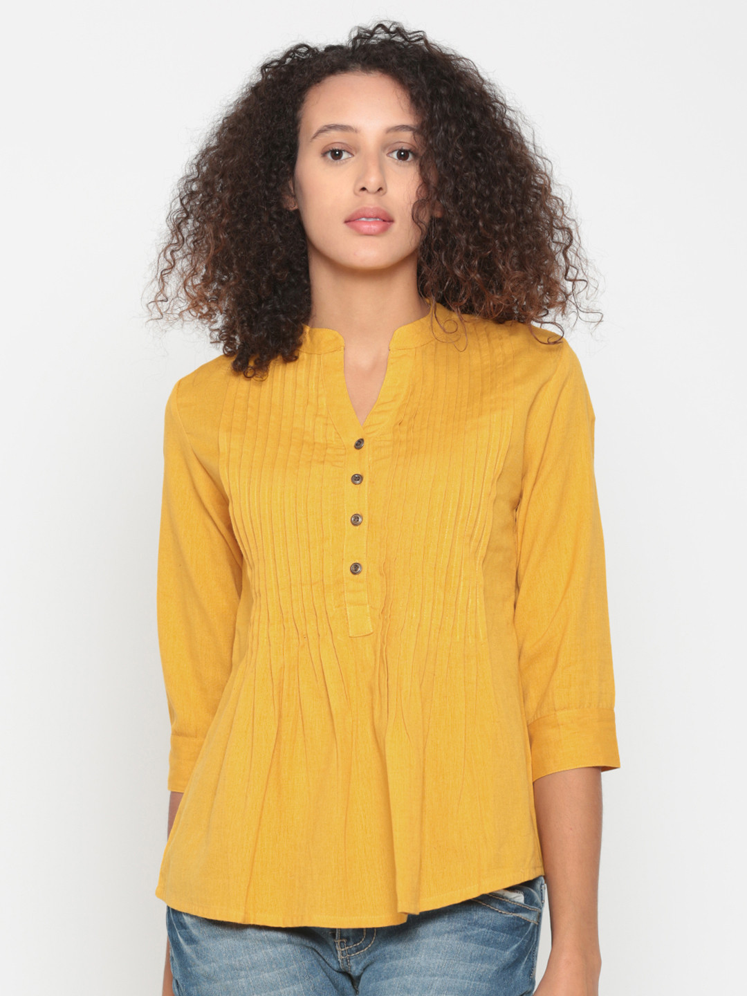 Buy People Women Mustard Yellow Solid Pure Cotton Top Tops for Women