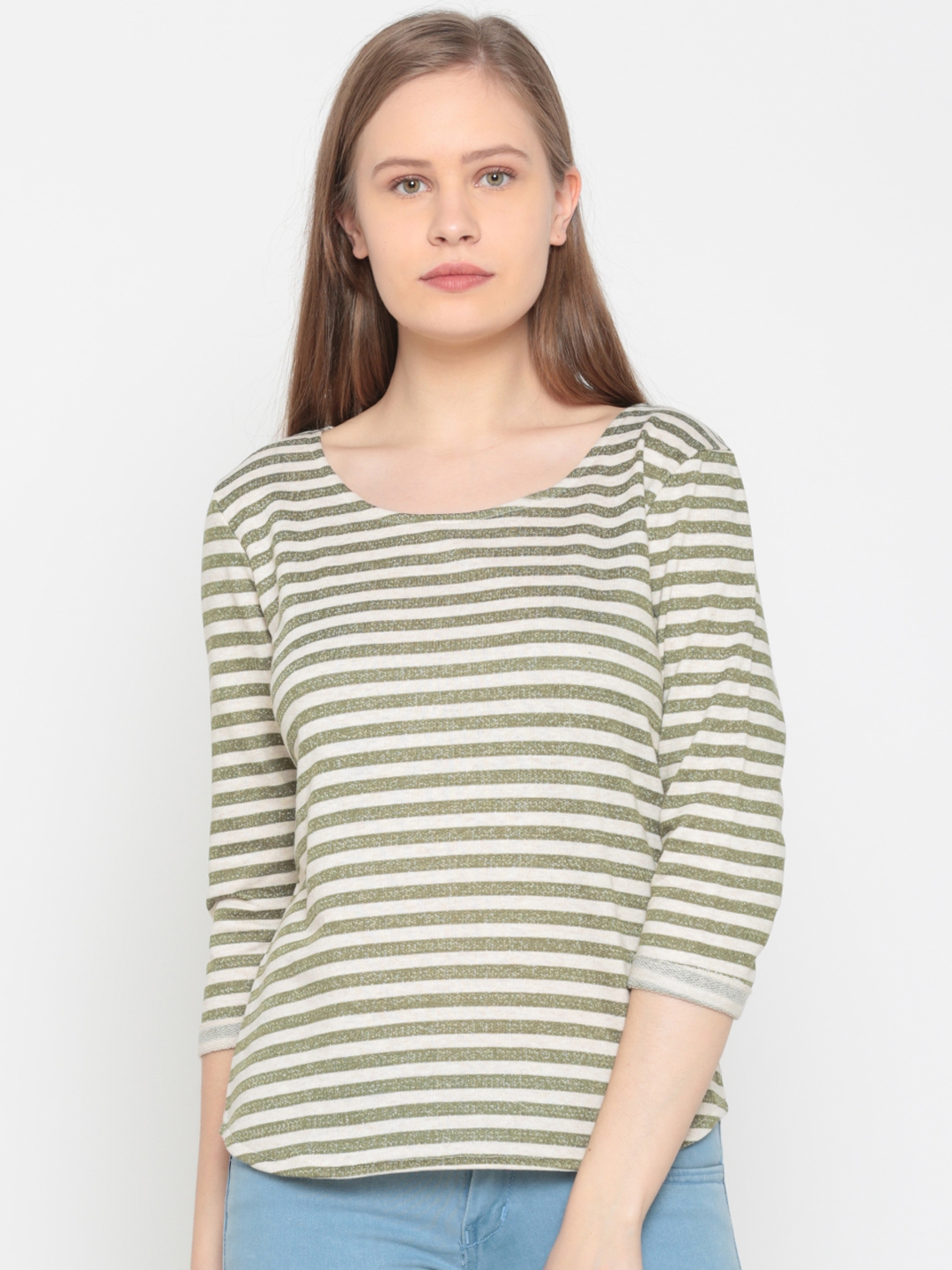 Buy People Women Green & Off White Striped Round Neck T Shirt - Tshirts ...