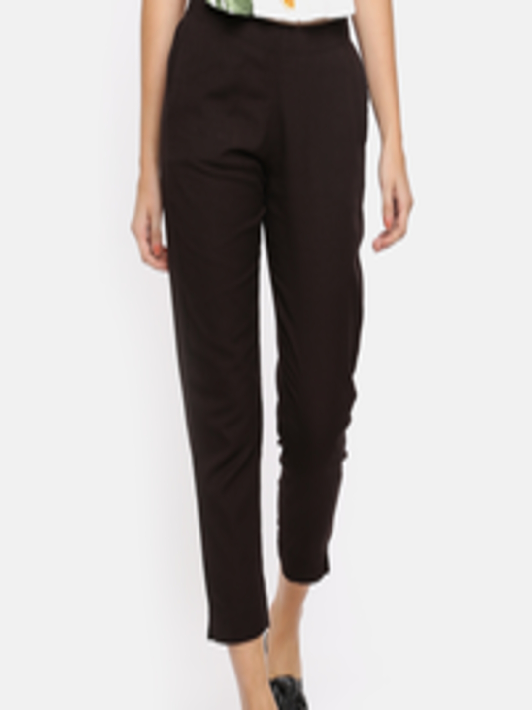 Buy People Women Coffee Brown Straight Fit Solid 3/4th Trousers ...