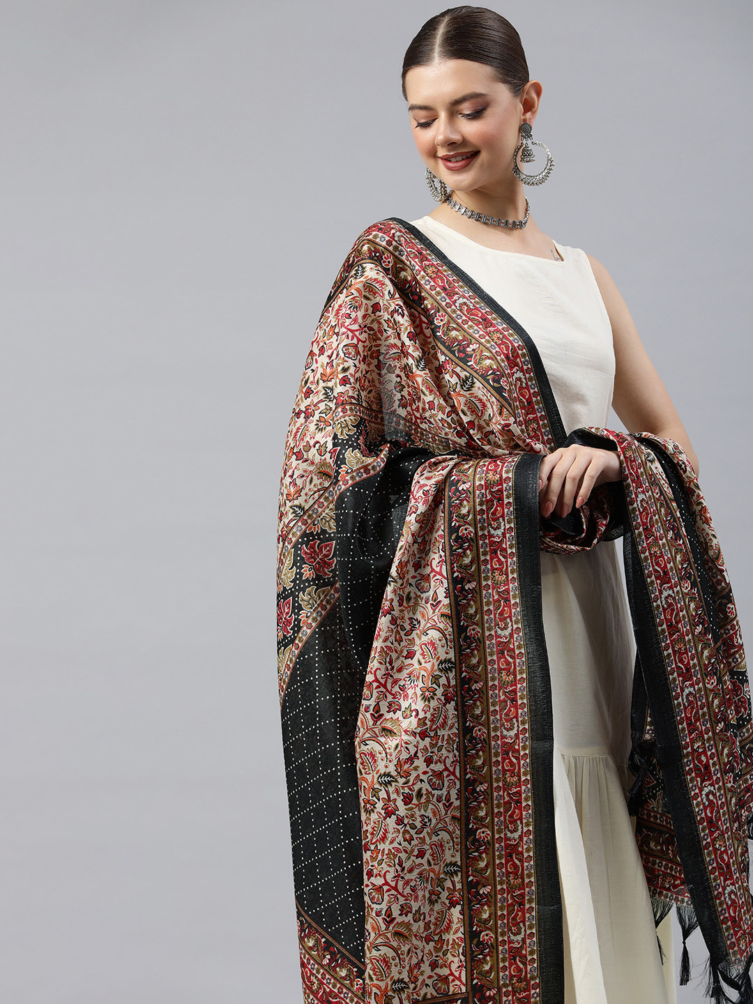 RANI SAAHIBA Dupatta In Seta Stampata Marrone – Donna, Dimensioni 2,00 X 1,10 Metri, Con Nappe - 2