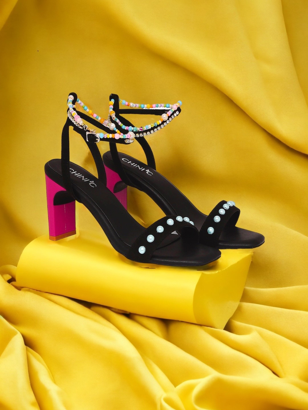 Buy CHINI C Embellished Block Party Heels With Ankle Loop Heels for