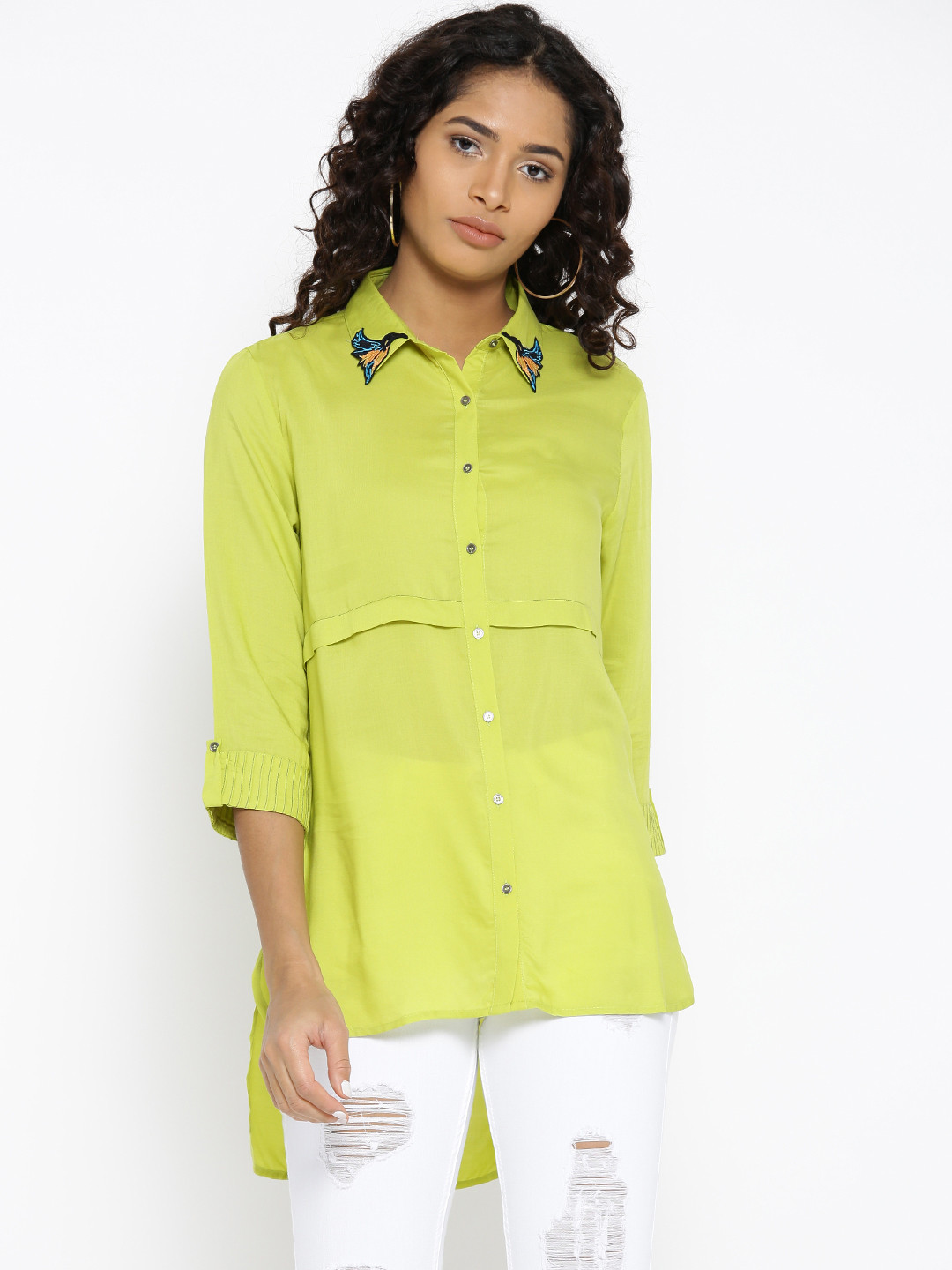 Buy Madame Women Lime Green Regular Fit Solid High Low Casual Shirt