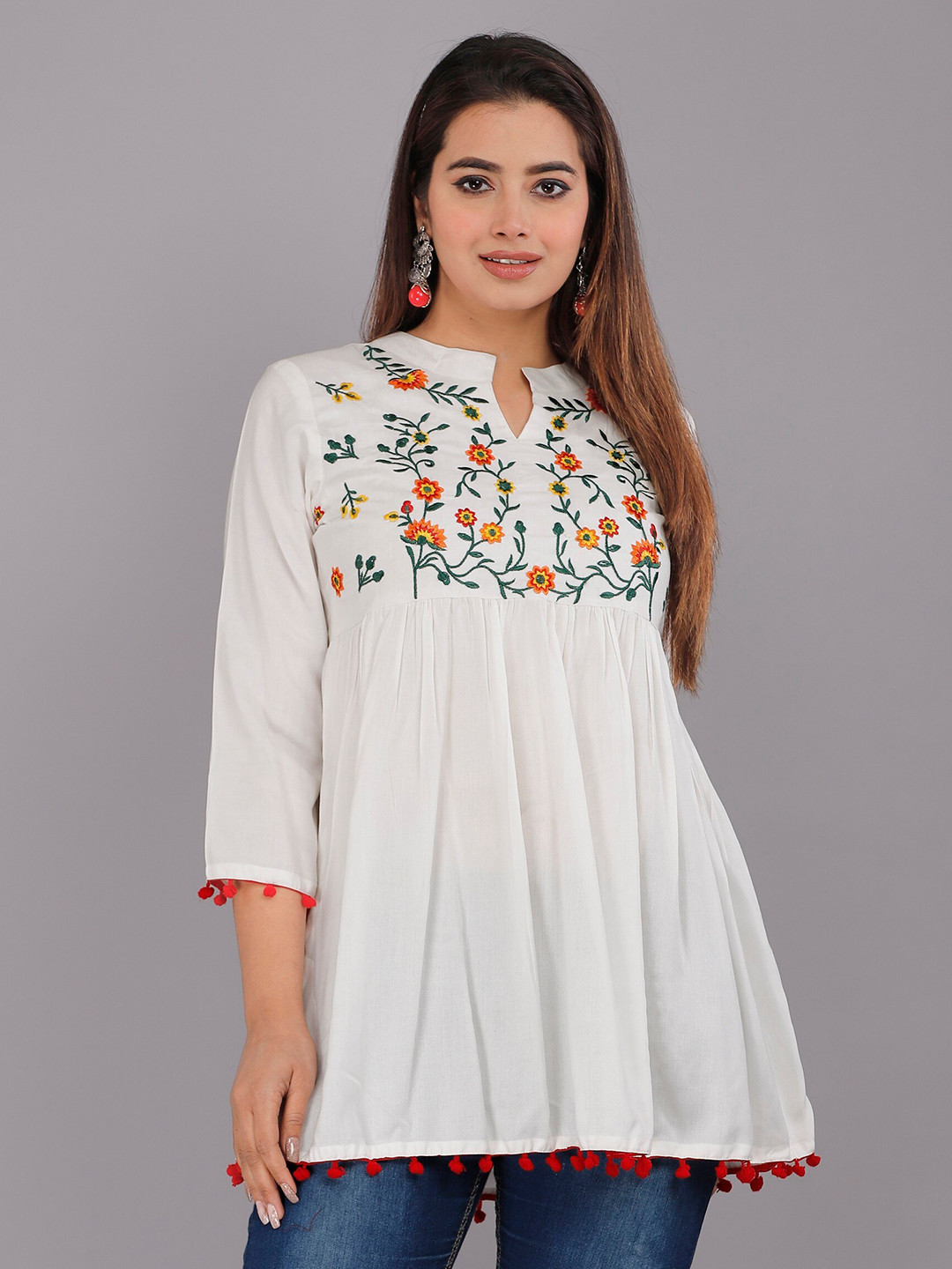 Floral Checked Mandarin Collar Top - Beige