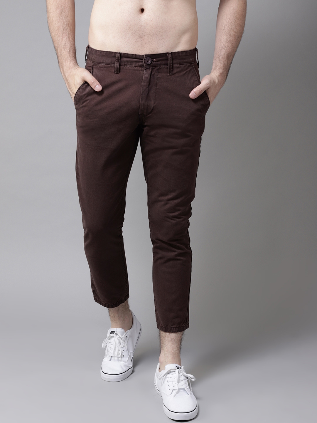 Buy HERE&NOW Men Coffee Brown Slim Fit Solid Cropped Trousers ...