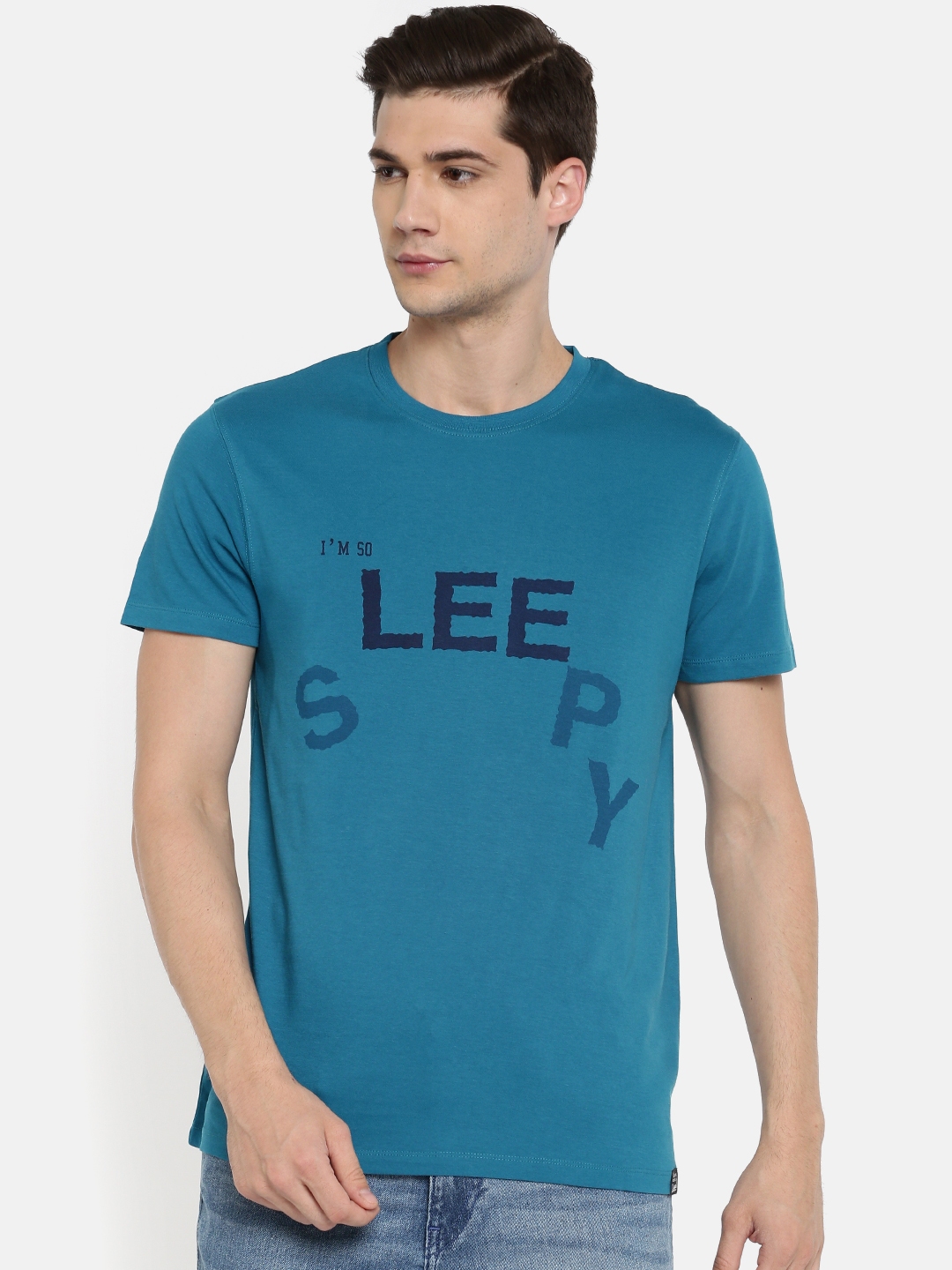 Buy Lee Men Blue Printed Slim Fit Round Neck Pure Cotton T Shirt ...