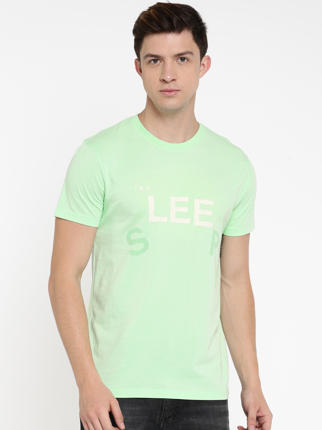 Buy Lee Men Sea Green Printed Slim Fit Round Neck Pure Cotton T Shirt ...