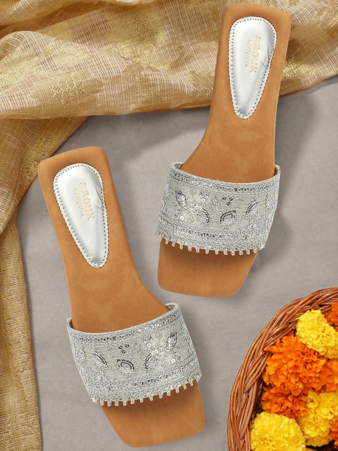 Buy Anouk Grey Ethnic Embellished Open Toe Flats - Flats for Women