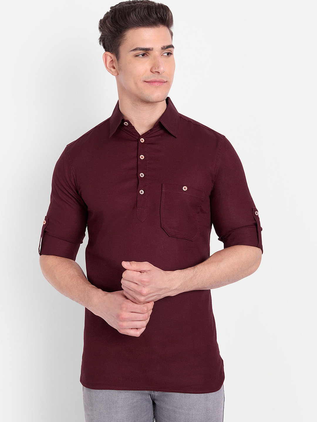 Buy Vida Loca Spread Collar Roll Up Sleeves Pure Cotton Casual Straight