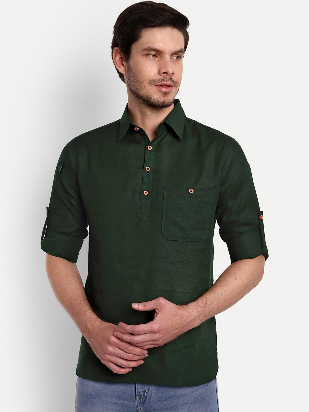 Buy Vida Loca Spread Collar Roll Up Sleeves Pure Cotton Casual Straight