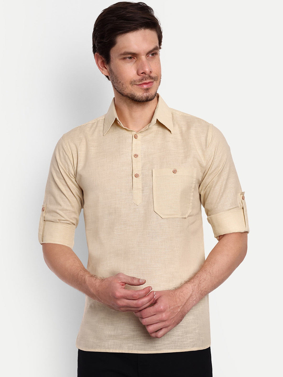 Buy Vida Loca Spread Collar Roll Up Sleeves Pure Cotton Casual Straight