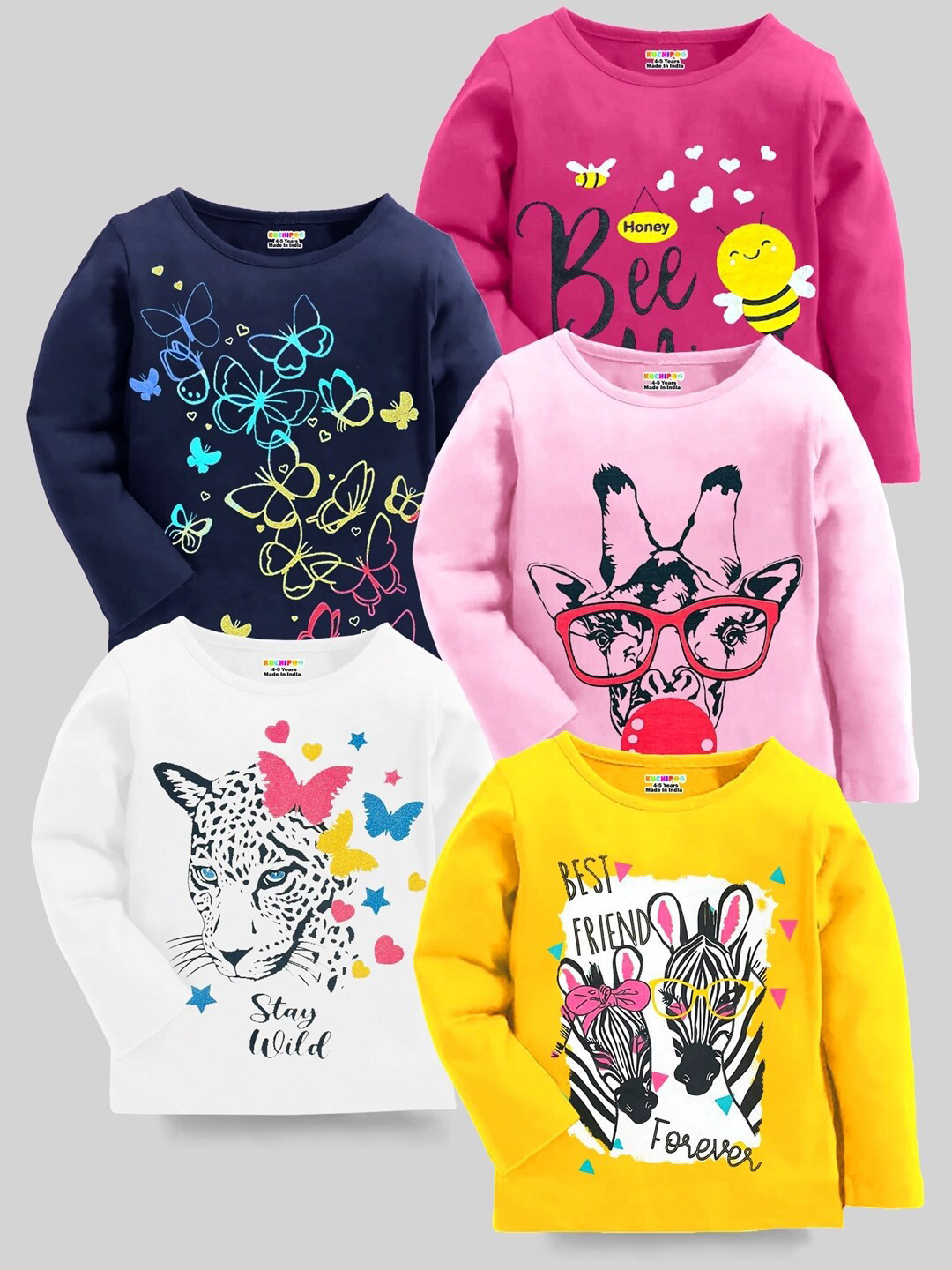 Kuchipoo Girls Full Sleeves Cotton Blend T-Shirts - Pack Of 4, Round Neck, Regular Fit, Made In India