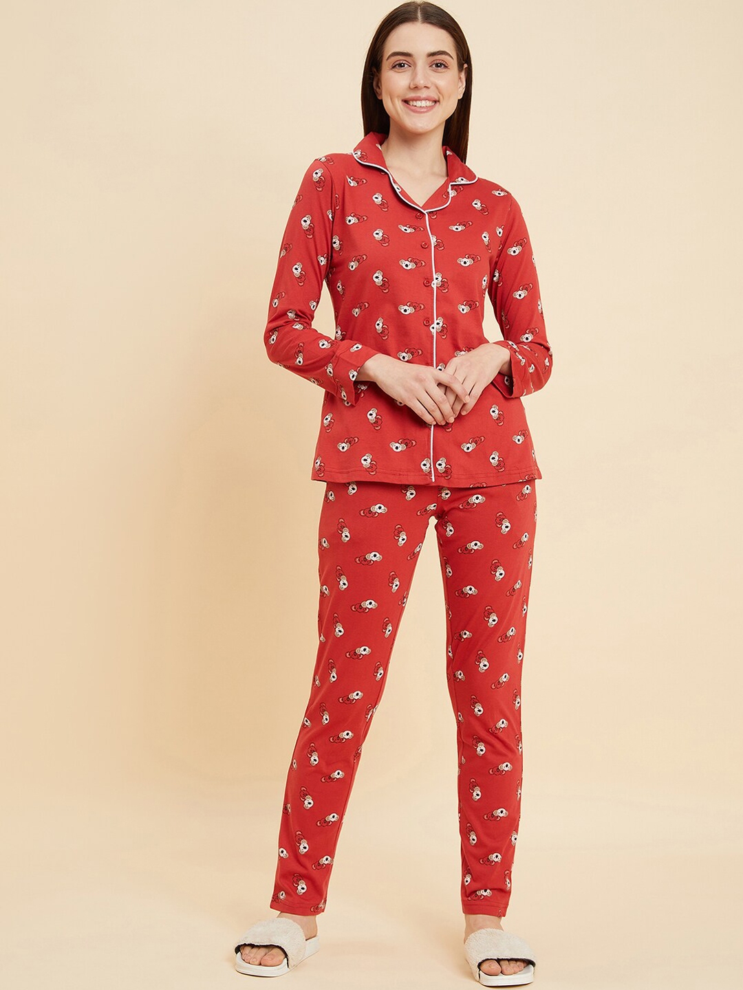 Buy Sweet Dreams Red Conversational Printed Lapel Collar Shirt And Pyjama Night Suits For Women
