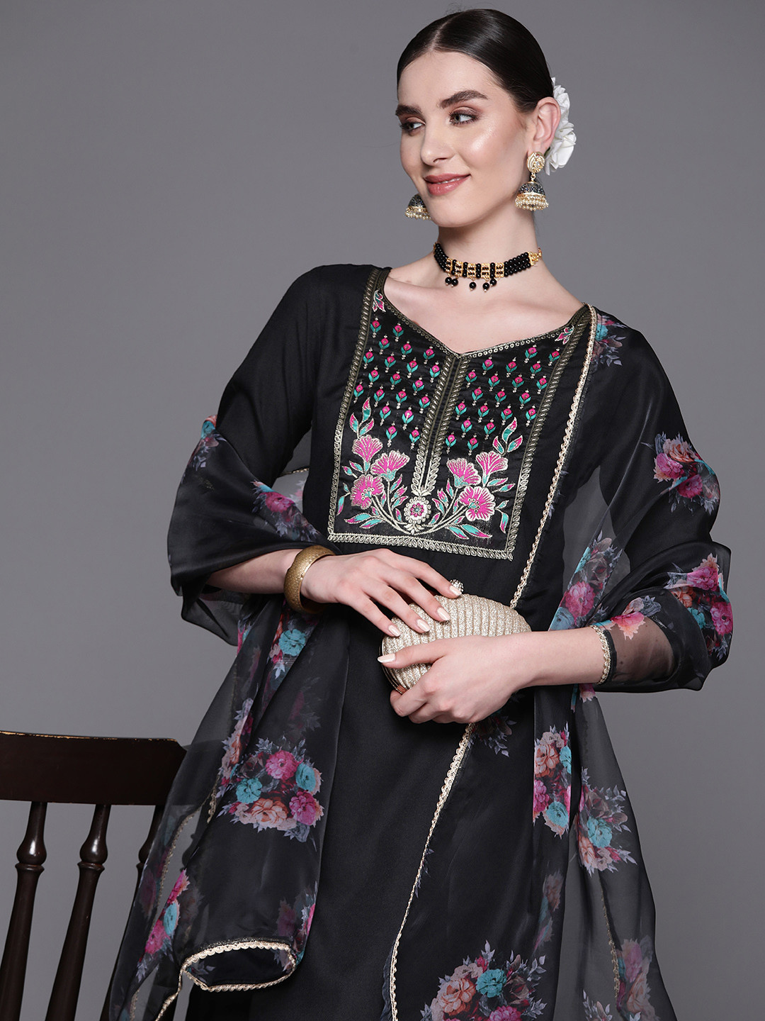 Indo Era Plus Size Grey Floral Yoke Design Regular Kurta with Palazzos & Dupatta