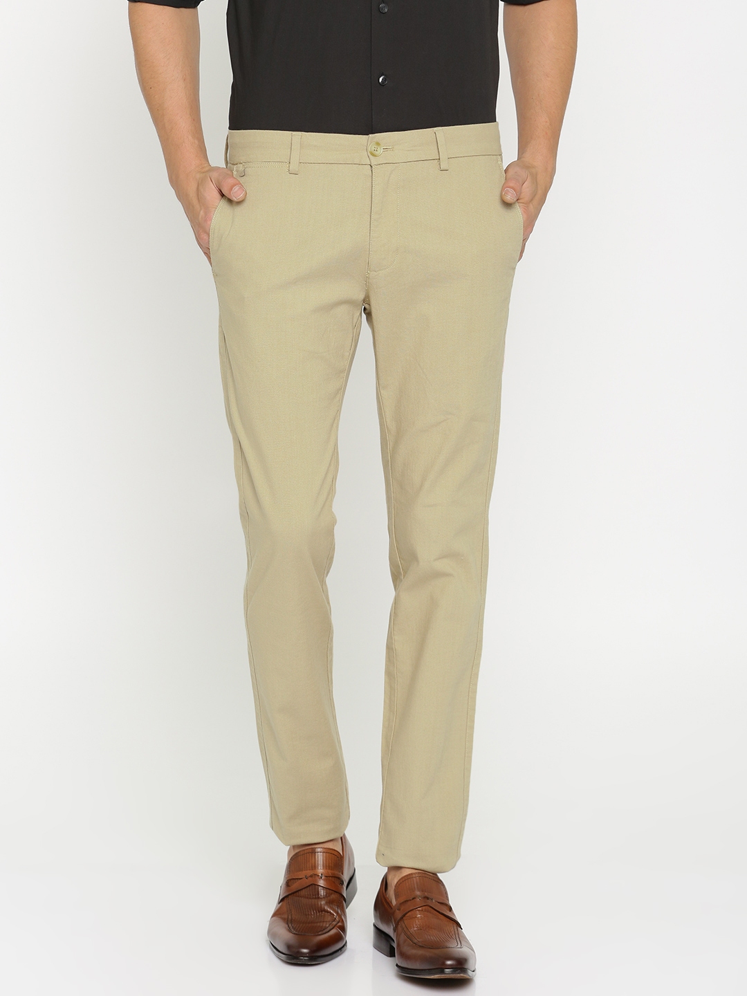 Buy Indian Terrain Men Khaki Brooklyn Slim Fit Solid Regular Trousers ...