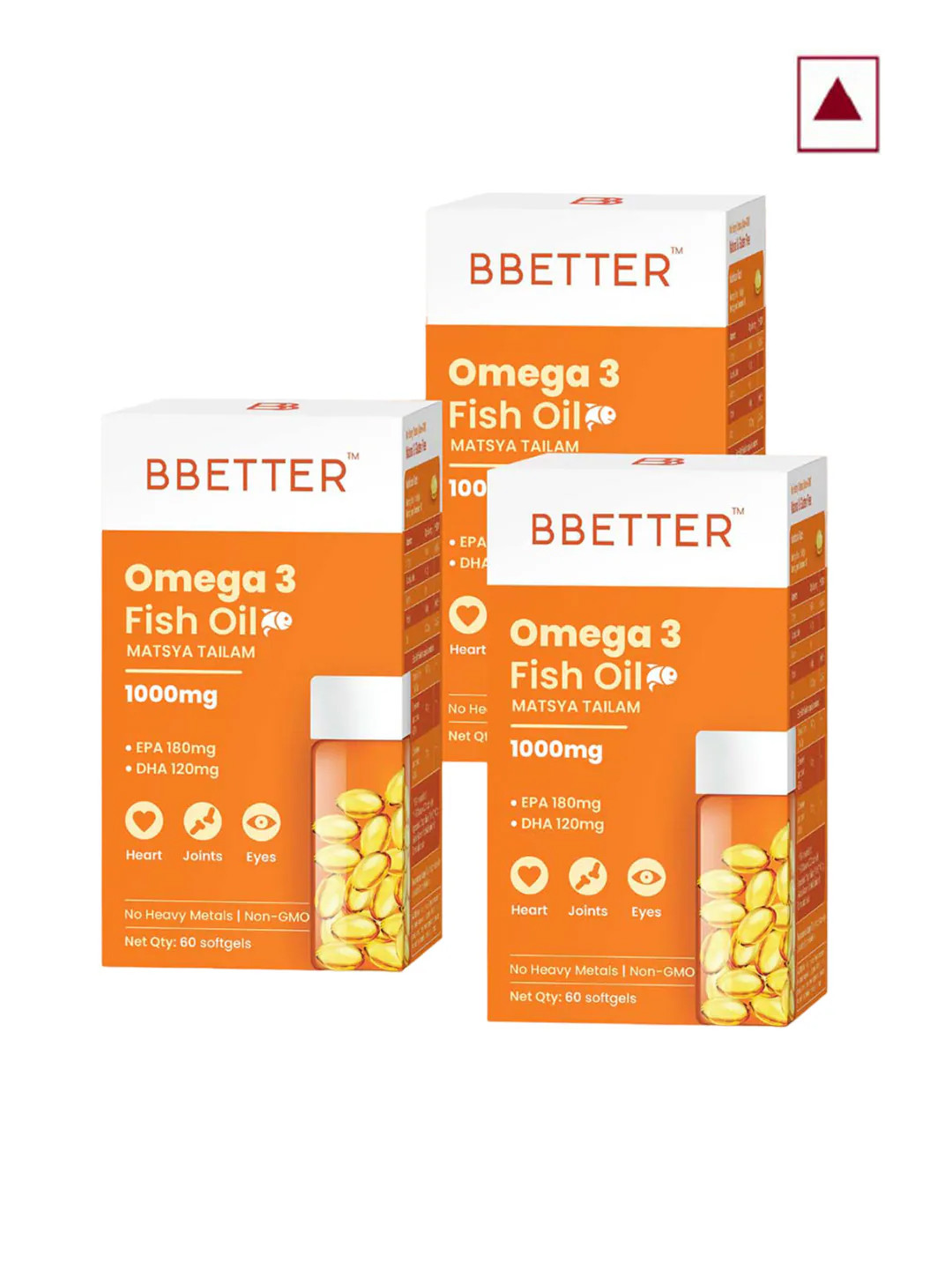 Buy BBETTER Set Of 3 Omega 3 Fish Oil 1000mg Capsules For Heart ...