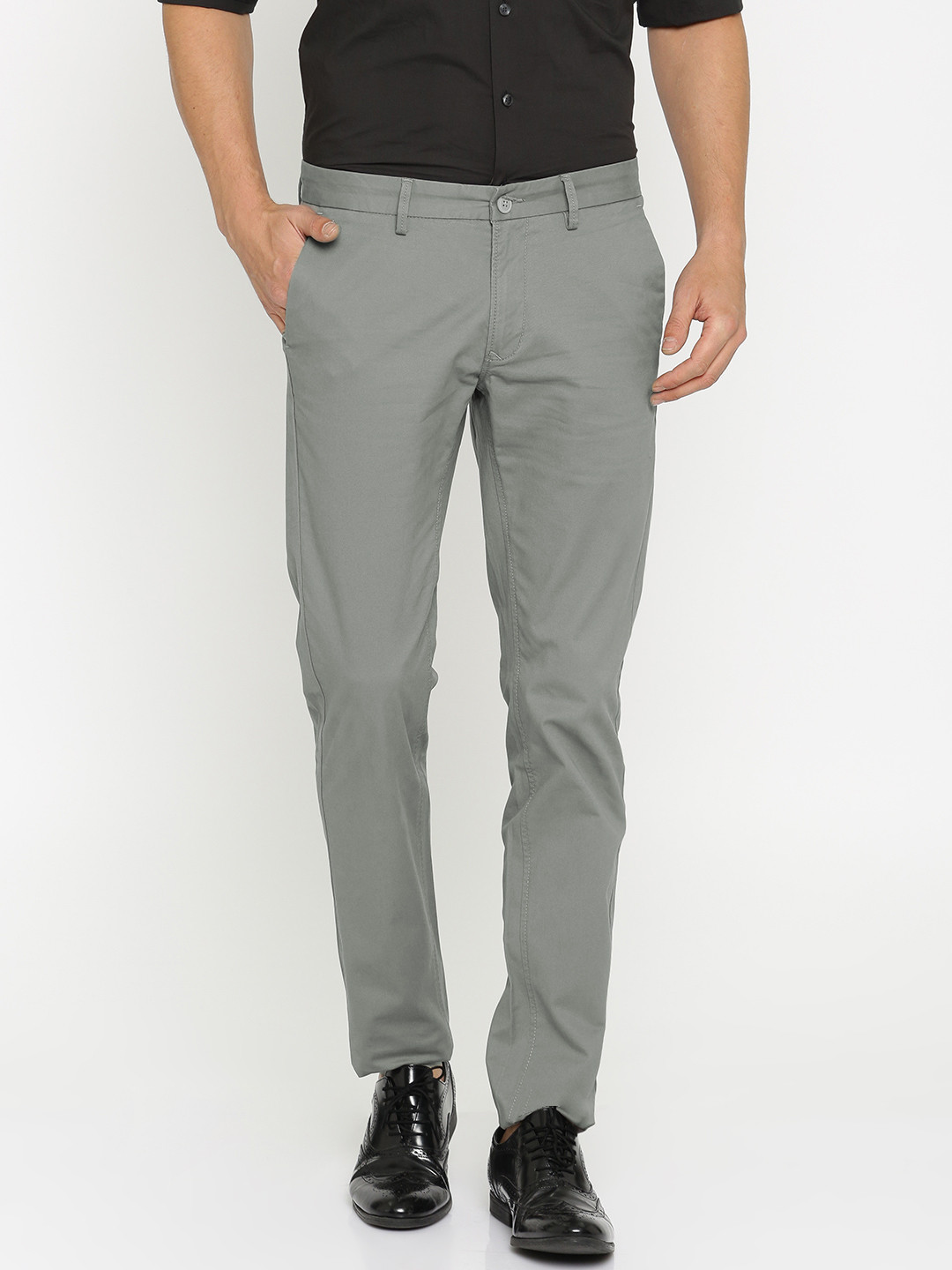 Buy Indian Terrain Men Grey Brooklyn Slim Fit Solid Regular Trousers ...