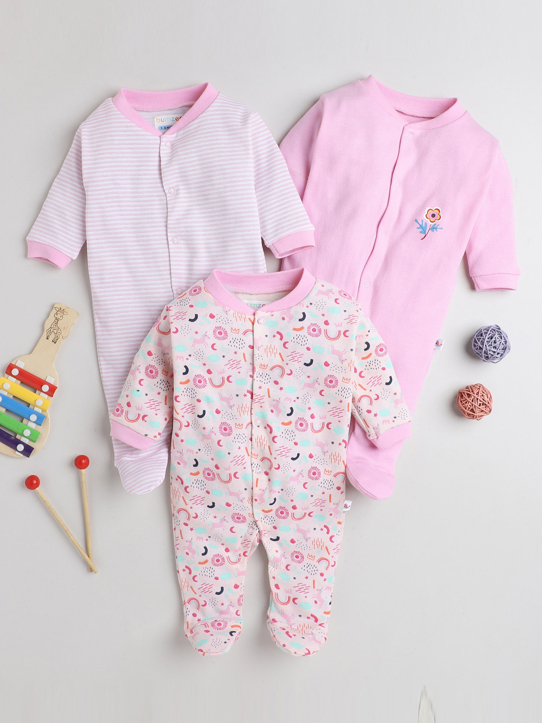 Buy BUMZEE Infants Girls Pack Of 3 Cotton Sleepsuits Sleepsuit for