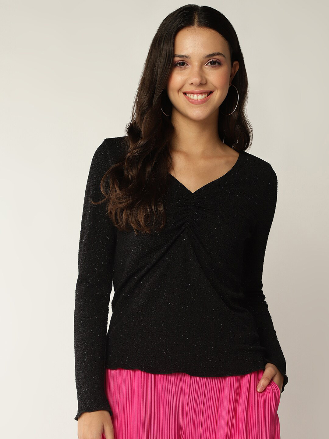 Heathered Ruched V-Neck Top