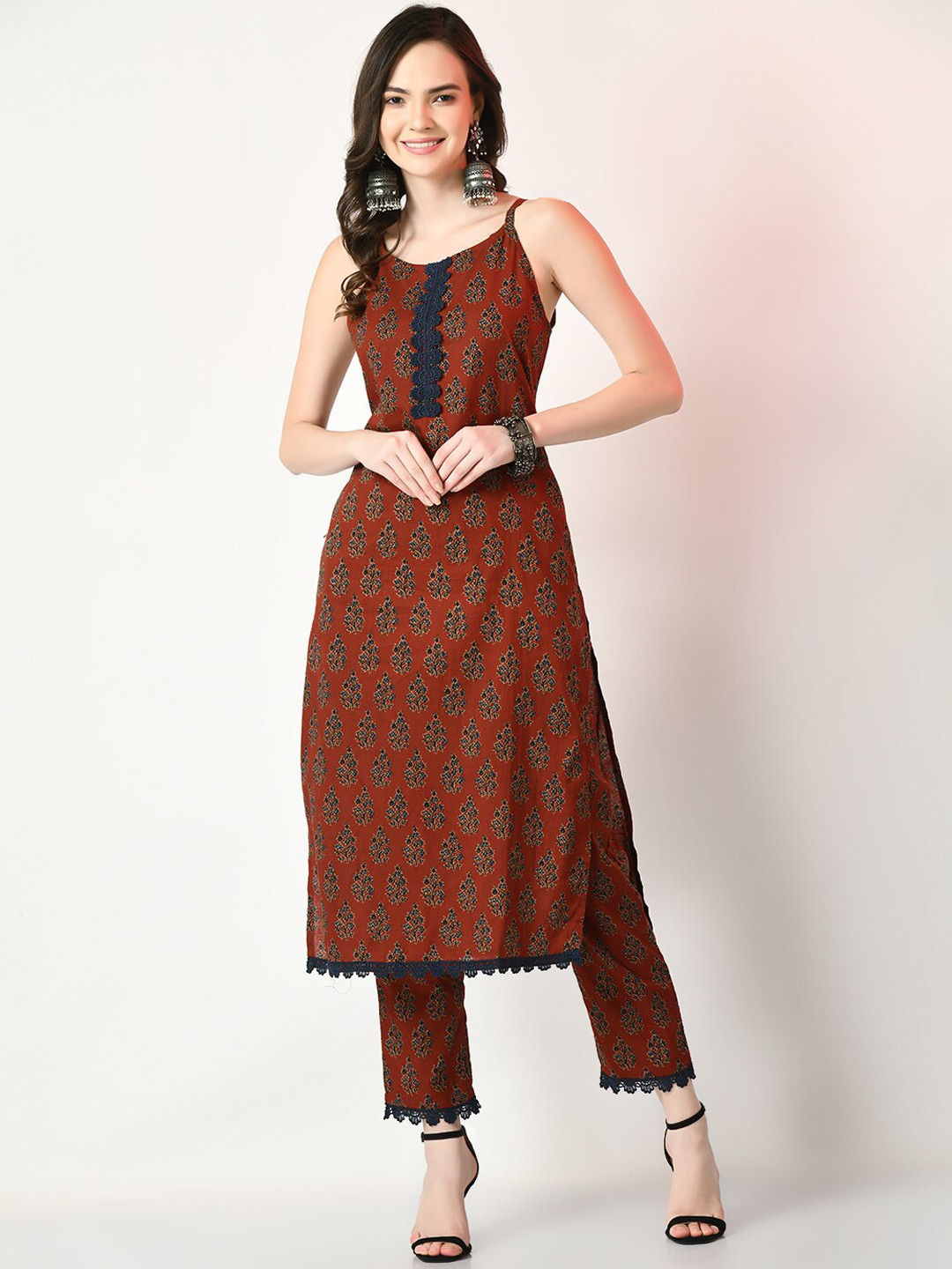 Women Rust Printed Straight Kurta Trousers With Dupatta Set