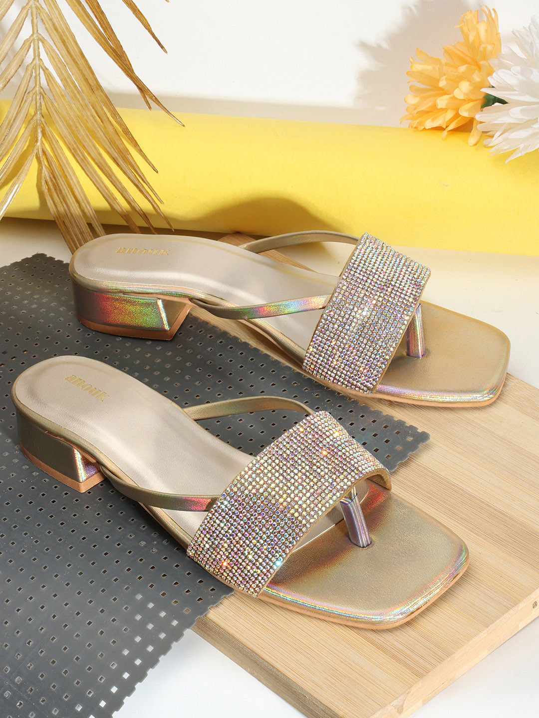 Adina (Gold, Magenta hand embroidered blocks heels)