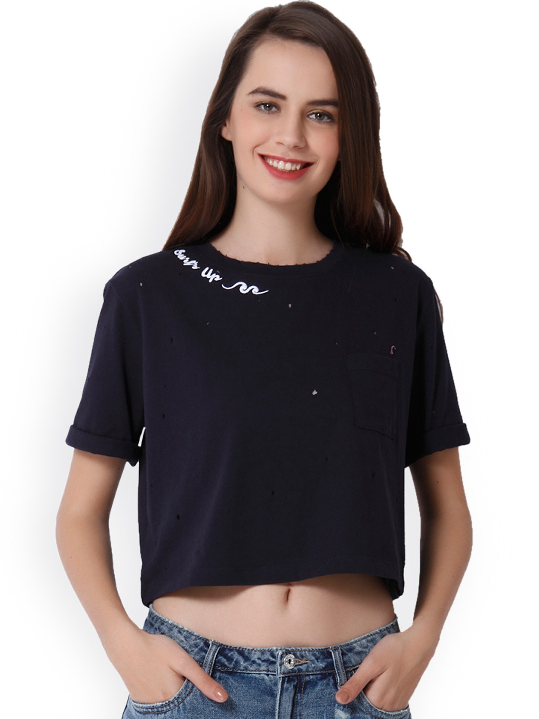 Buy ONLY Women Navy Blue Solid Round Neck Crop T Shirt - Tshirts for ...