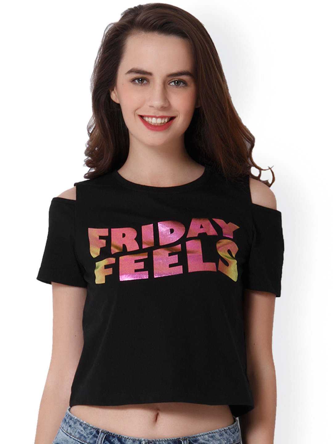 Buy ONLY Women Black Printed Crop T Shirt Tshirts for Women 2468800