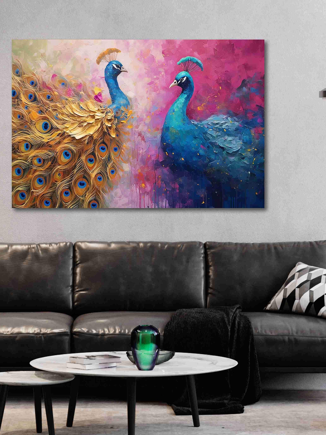 Buy SAF Blue & Pink Peacock Painting Unframed Wall Art - Wall Art for ...