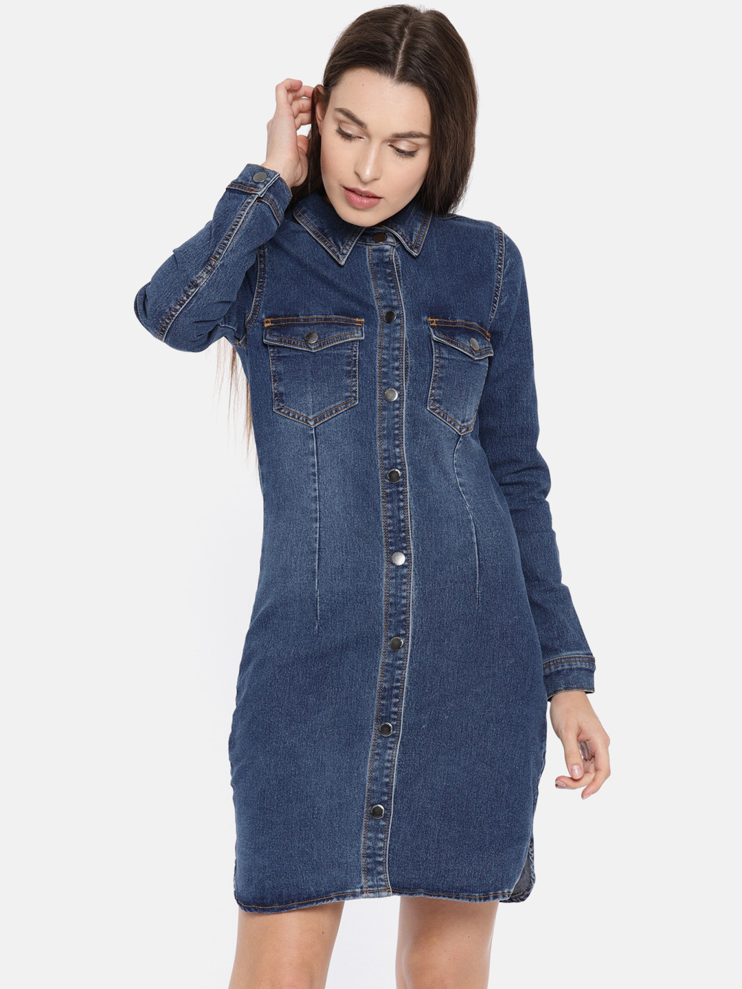 Women's Solid Blue Shirt Midi Denim Dress