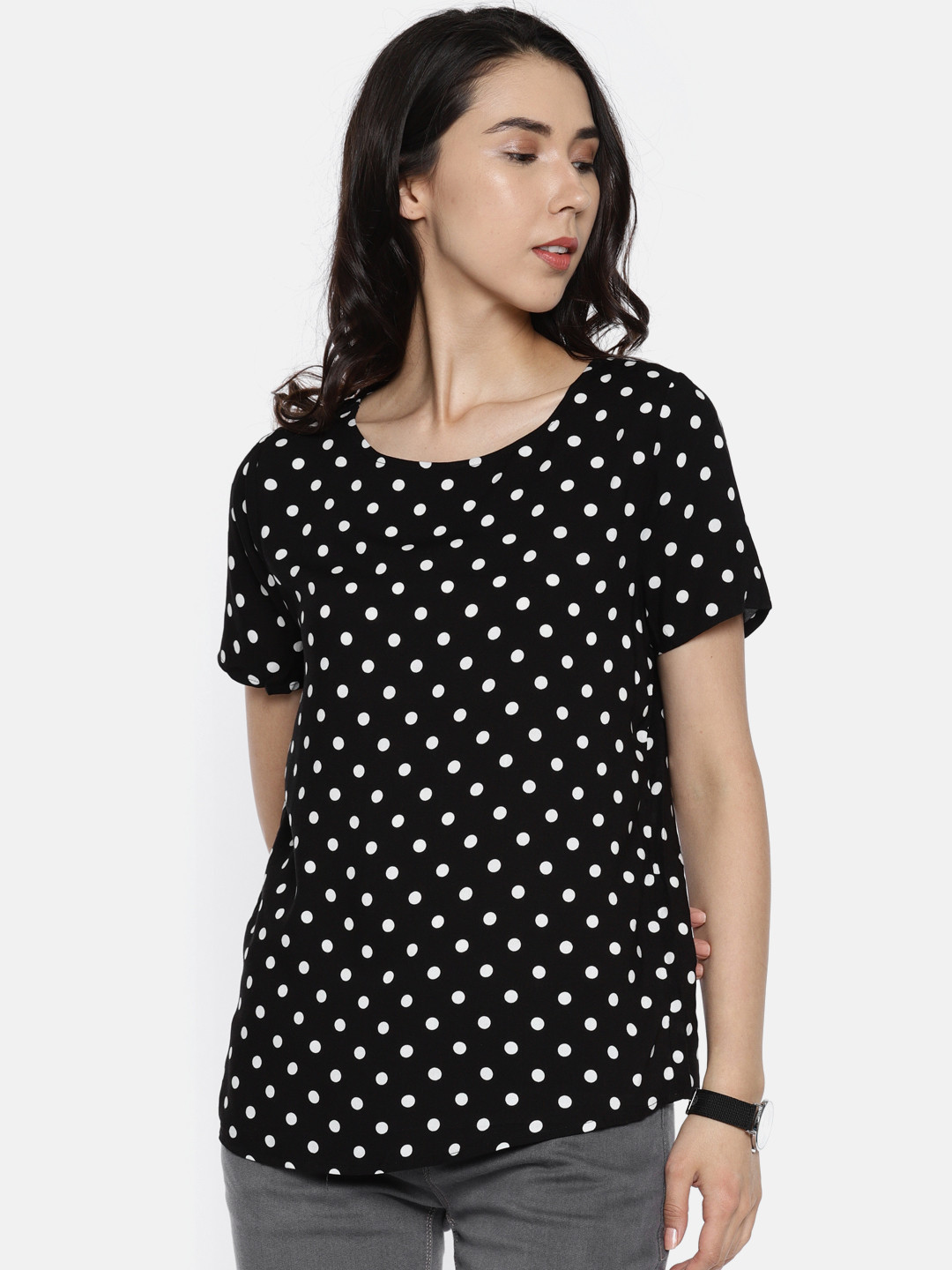 Women's Black Polka Dots Printed Round Neck Embellished A-Line Maxi Dress
