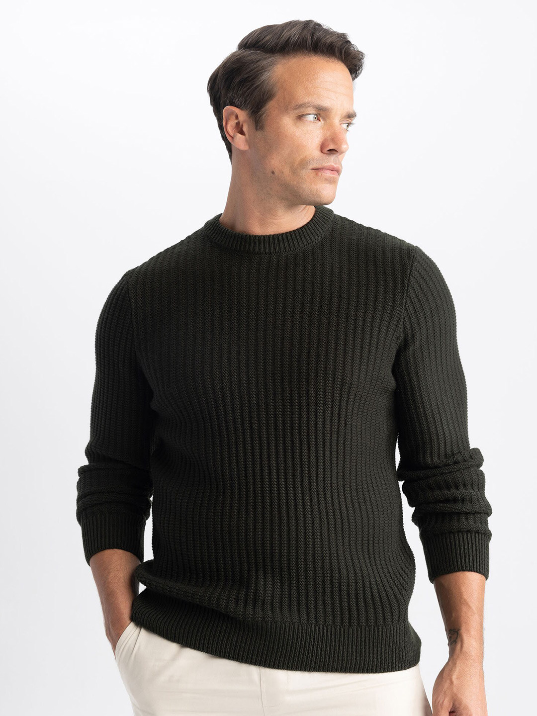 DeFacto Herren Pullover – Slim Fit, Rundhals, Langärmlig, Weicher Strick