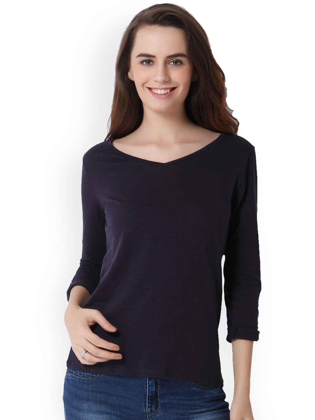 Buy ONLY Women Navy Blue Solid V Neck T Shirt - Tshirts for Women ...