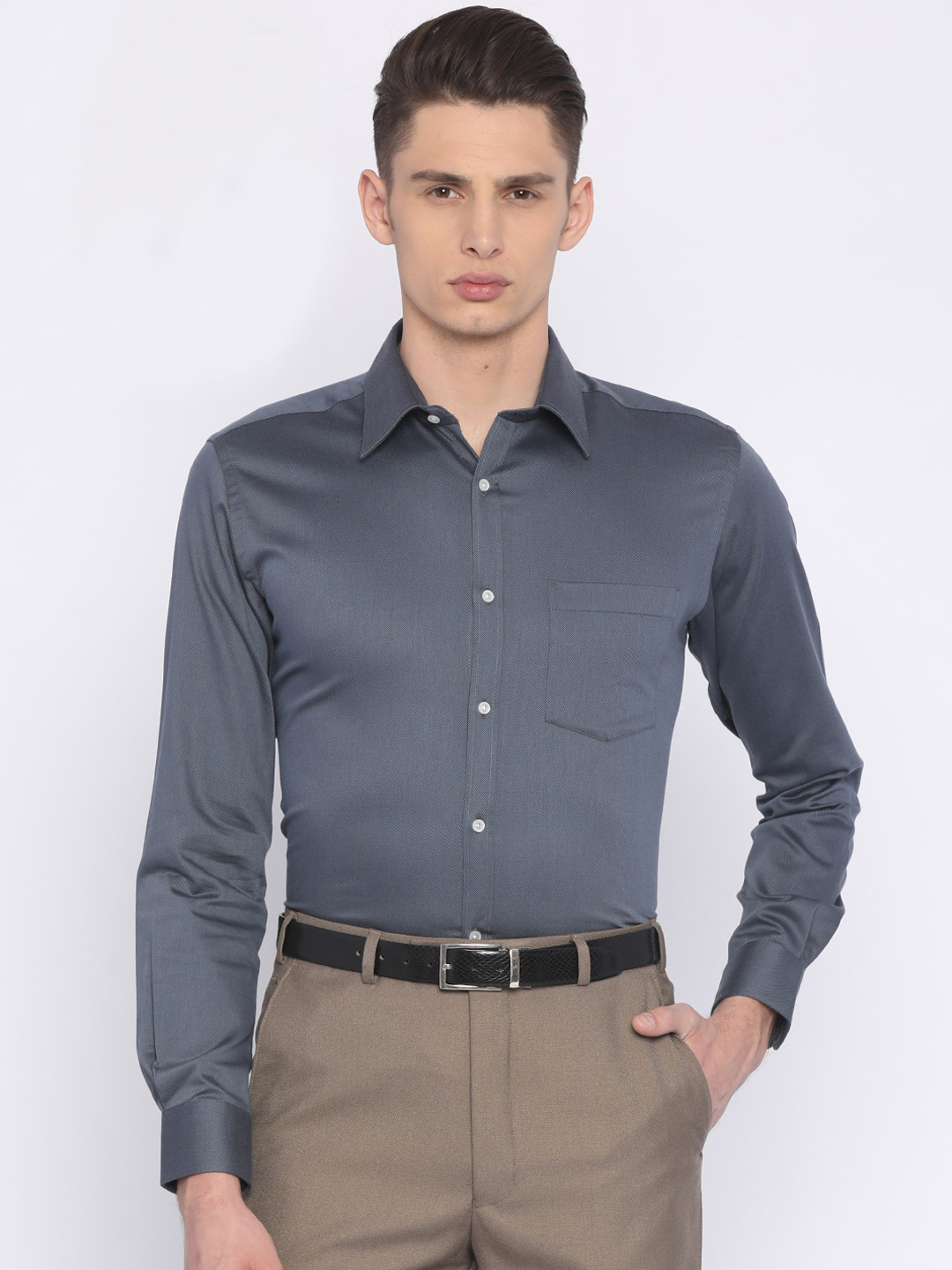 Buy Park Avenue Men Charcoal Grey Slim Fit Self Design Formal Shirt ...